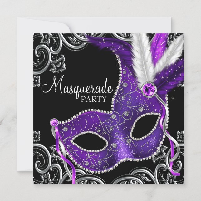 Elegant Purple and Black Masquerade Party Invitation (Front)