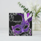 Elegant Purple and Black Masquerade Party Invitation (Standing Front)
