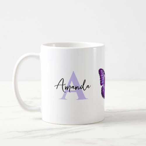Elegant Purple and Black Monogramed Name Butterfly Coffee Mug
