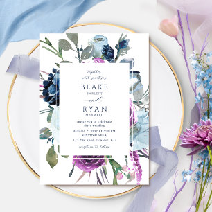 Elegant  Purple and Blue Botanical Floral Wedding Invitation