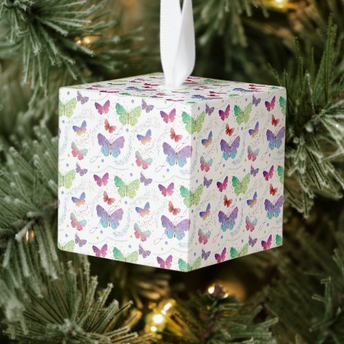 Elegant Purple and Blue Bright Butterflies Cube Ornament