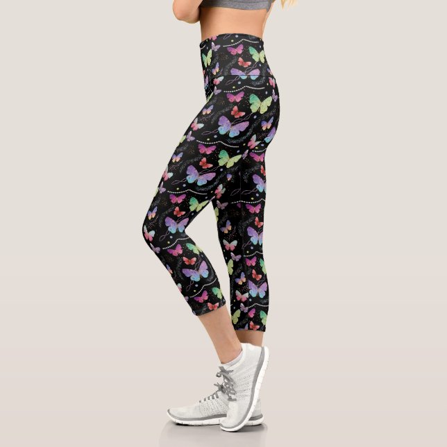 Elegant Purple and Blue Bright Butterflies  Leggin Capri Leggings (Left)
