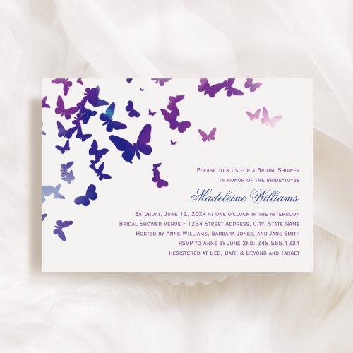 Elegant Purple and Blue Butterflies Bridal Shower Invitation