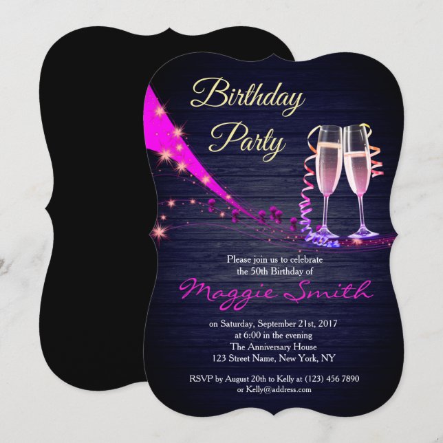 Elegant Purple and Blue Champagne  Birthday Invite (Front/Back)