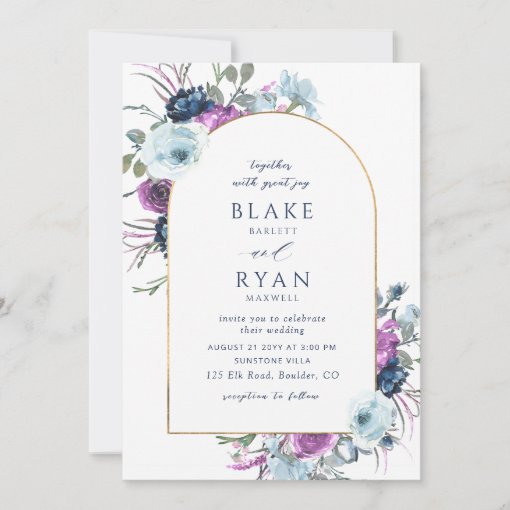 Elegant Purple and Blue Floral Arch Wedding Invitation | Zazzle