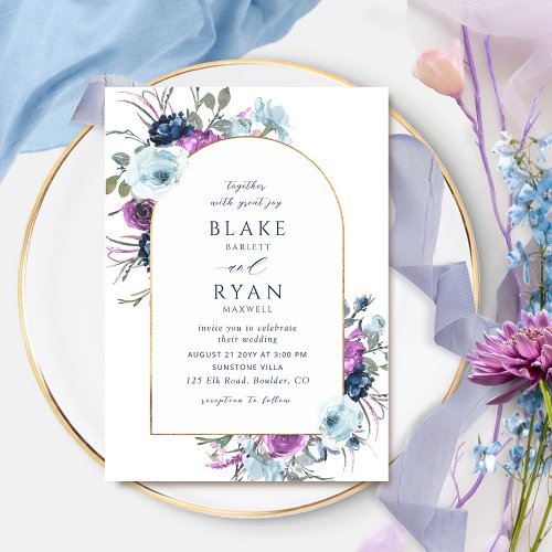 Elegant Purple and Blue Floral Arch Wedding Invitation