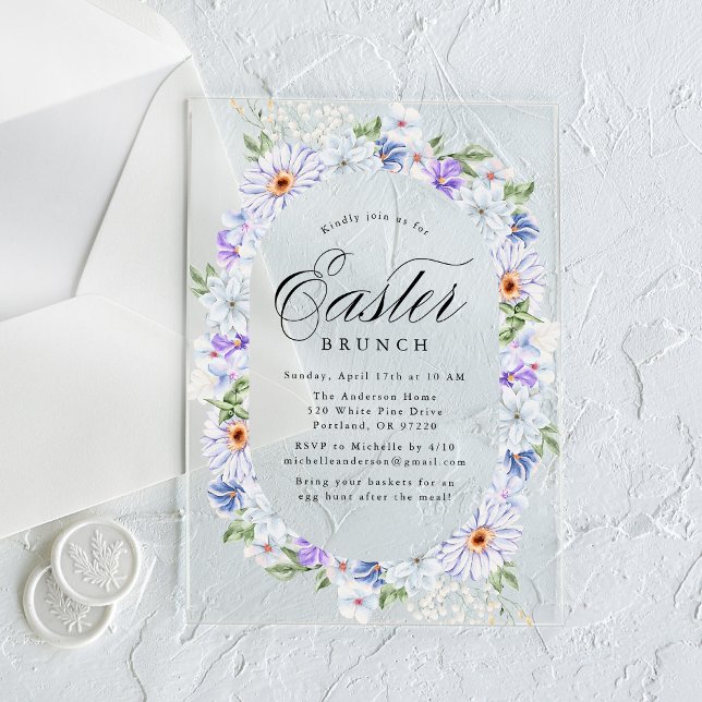 Elegant Purple and Blue Floral Easter Brunch Acrylic Invitations (Creator Uploaded)