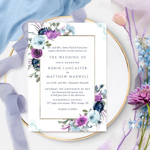Elegant Purple and Blue Floral Formal Wedding Invitation