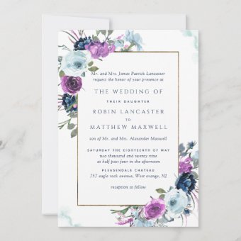 Elegant Purple and Blue Floral Formal Wedding Invitation | Zazzle