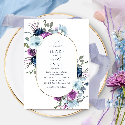 Elegant Purple and Blue Floral Oval Arch Wedding Invitation