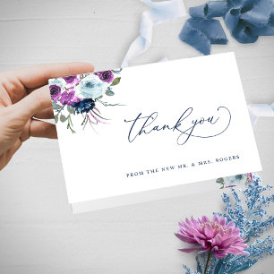 Elegant Purple and Blue Floral Wedding Folded Letterpress Thank You Card