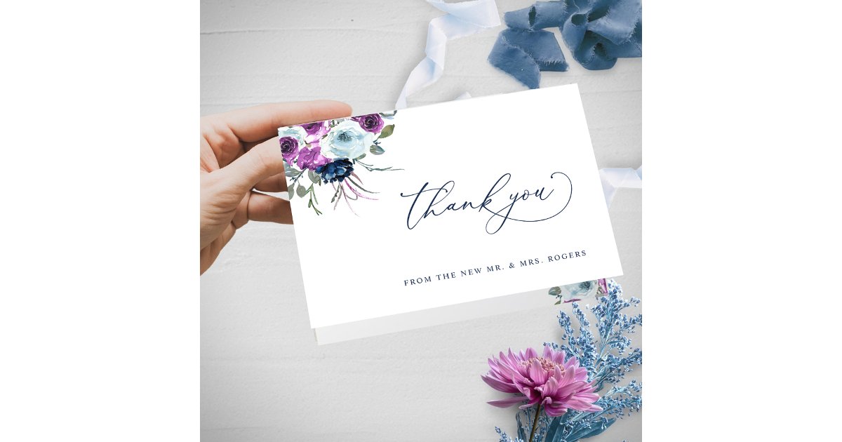 Elegant Purple and Blue Floral Wedding Folded Thank You Card | Zazzle