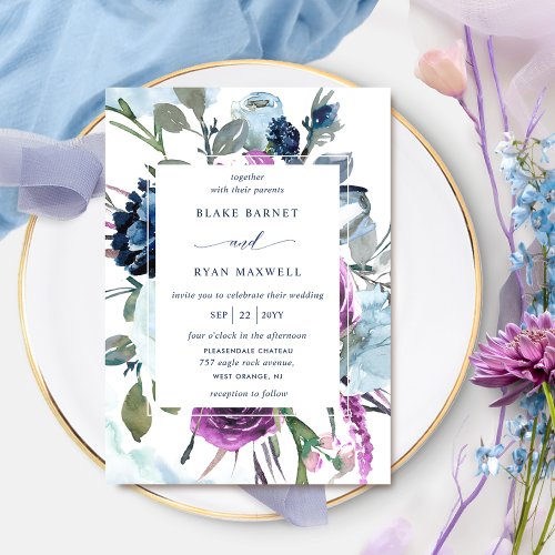 Elegant  Purple and Blue Floral Wedding Invitation