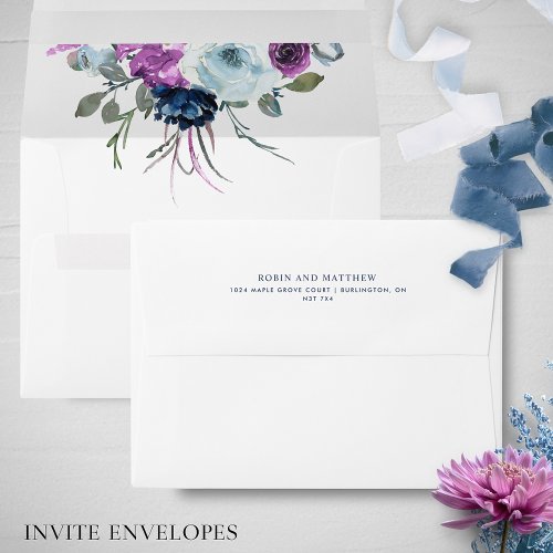 Elegant Purple and Blue Floral Wedding White Envelope