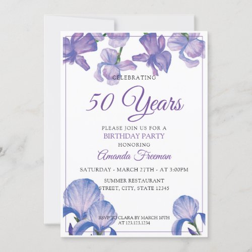 Elegant Purple and Blue Flowers Mother Birthday Invitation