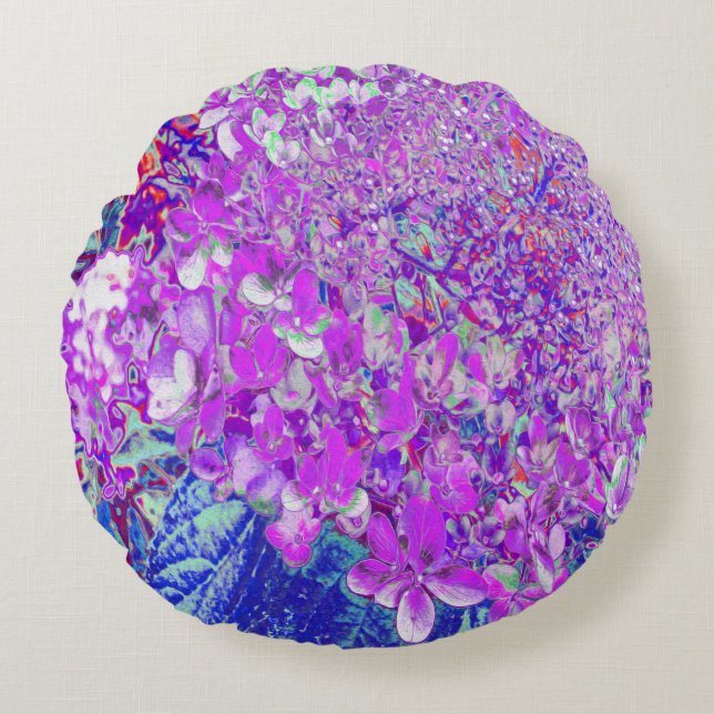 Elegant Purple and Blue Limelight Hydrangea Round Pillow (Front)