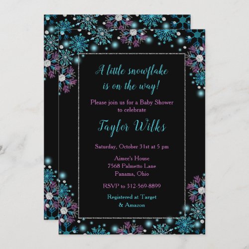 Elegant Purple and Blue Snowflakes Baby Shower Invitation