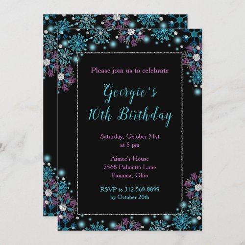 Elegant Purple and Blue Snowflakes Birthday Invitation