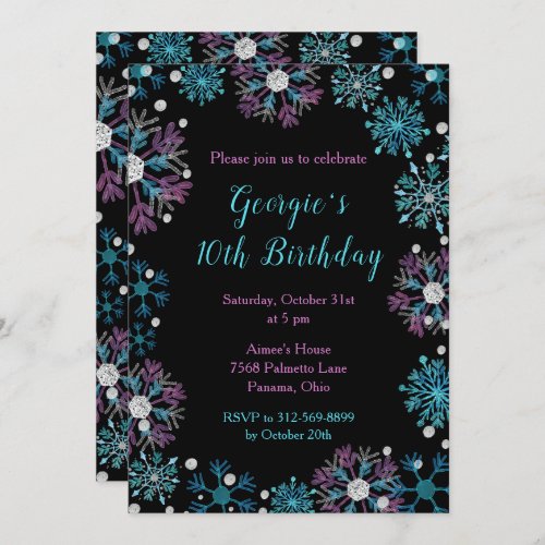 Elegant Purple and Blue Snowflakes Birthday Invitation