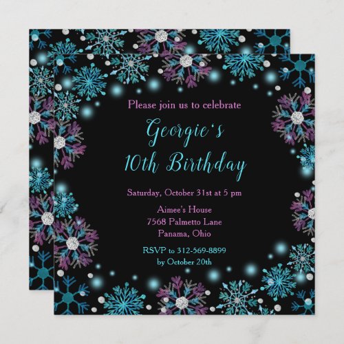 Elegant Purple and Blue Snowflakes Birthday Invitation