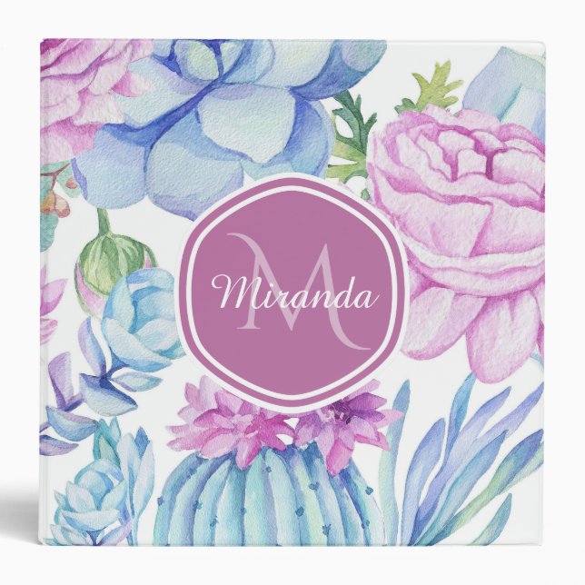 Elegant Purple and Blue Succulent Floral With Name Binder (Front)