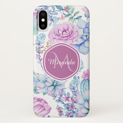 Elegant Purple and Blue Succulent Floral With Name iPhone X Case