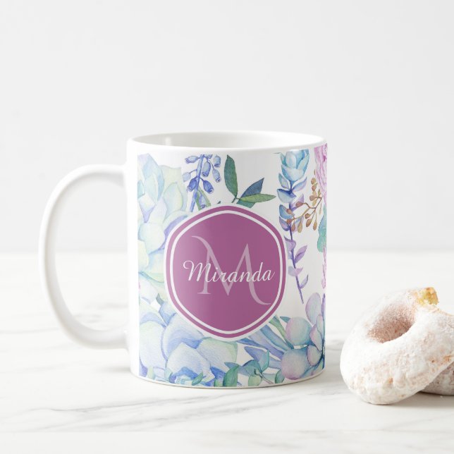 Elegant Purple and Blue Succulent Floral With Name Coffee Mug (With Donut)