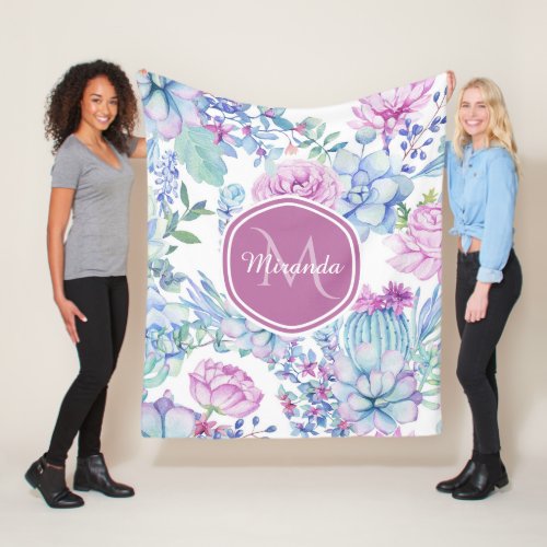 Elegant Purple and Blue Succulent Floral With Name Fleece Blanket