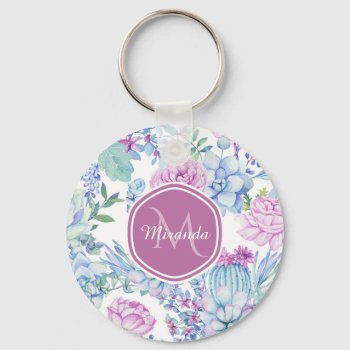 Elegant Purple And Blue Succulent Floral With Name Keychain by ohsogirly at Zazzle