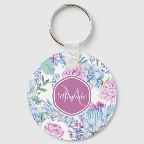Elegant Purple and Blue Succulent Floral With Name Keychain
