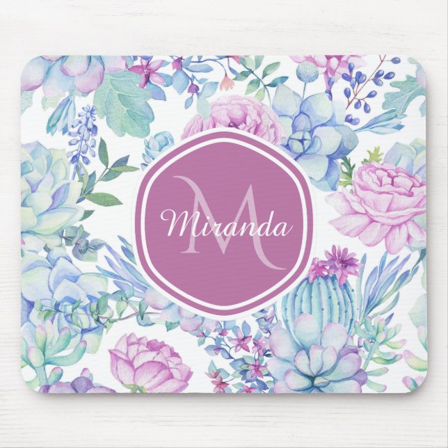 Elegant Purple and Blue Succulent Floral With Name Mouse Pad (Front)