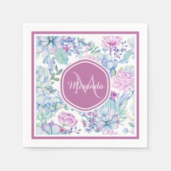 Elegant Purple And Blue Succulent Floral With Name Paper Napkins by ohsogirly at Zazzle