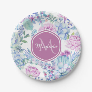 Elegant Purple and Blue Succulent Floral With Name Paper Plates