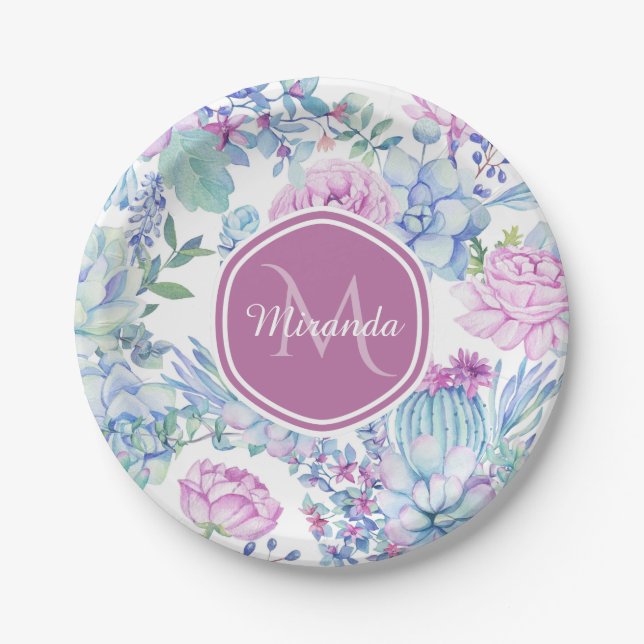 Elegant Purple and Blue Succulent Floral With Name Paper Plates (Front)