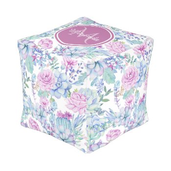 Elegant Purple And Blue Succulent Floral With Name Pouf by ohsogirly at Zazzle