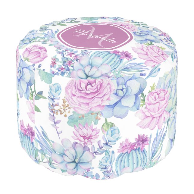 Elegant Purple and Blue Succulent Floral With Name Pouf (Angled Back)