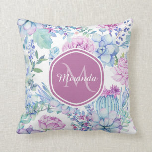 Elegant Purple and Blue Succulent Floral With Name Throw Pillow