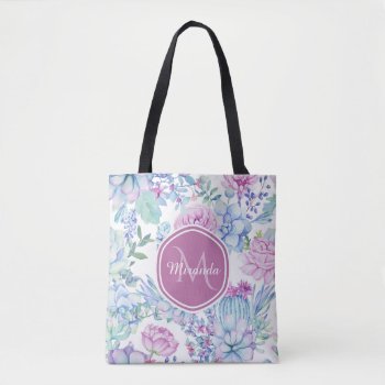 Elegant Purple And Blue Succulent Floral With Name Tote Bag by ohsogirly at Zazzle