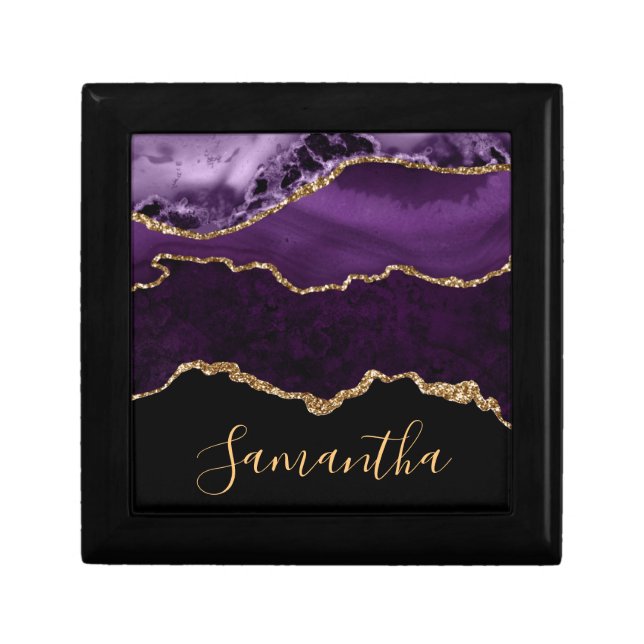 Elegant Purple and Faux Gold Glitter Marble Agate Gift Box (Front)