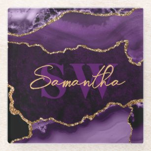 Elegant Purple and Faux Gold Glitter Marble Agate Glass Coaster