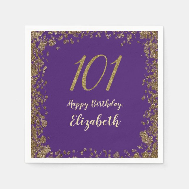 Elegant Purple and Gold 101st Birthday Napkins (Front)