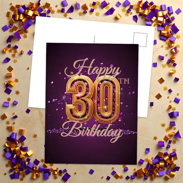Elegant Purple and Gold 30th Birthday Celebration Postcard (Creator Uploaded)