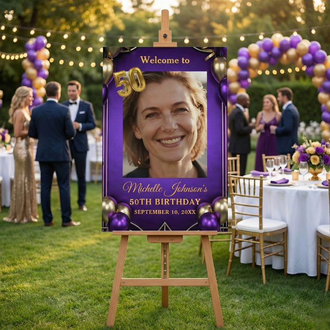 Elegant Purple and Gold 50th Birthday Welcome Foam Board (Creator Uploaded)