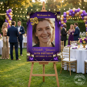 Elegant Purple and Gold 50th Birthday Welcome Foam Board