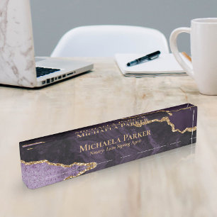 Elegant Purple and Gold Agate Geode Professional Desk Name Plate