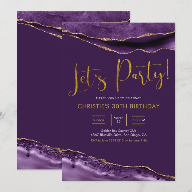 Elegant Purple and Gold Agate Let's Party Invitation (Front/Back)
