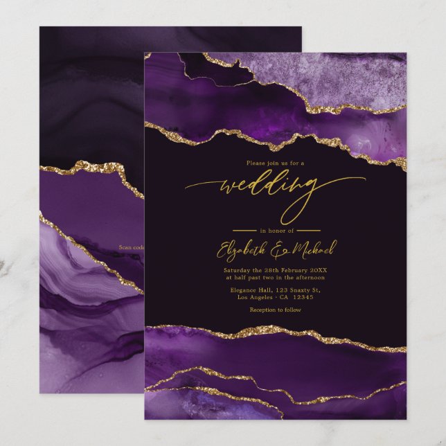 Elegant Purple and Gold Agate Wedding QR Code Invitation (Front/Back)