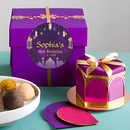 Elegant Purple and Gold Arabian Nights Birthday Classic Round Sticker