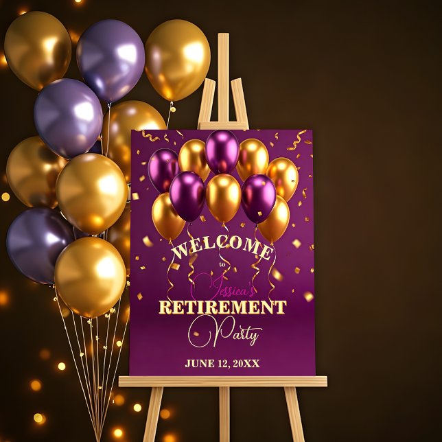 Elegant Purple and Gold Balloons Retirement Party Foam Board (Creator Uploaded)