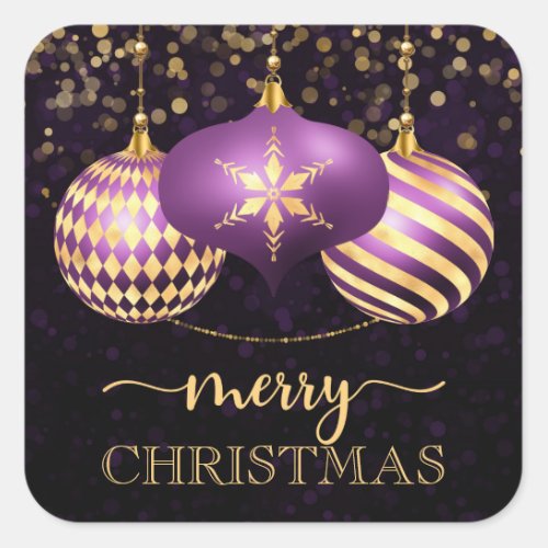 Elegant Purple and Gold Baubles Merry Christmas  Square Sticker